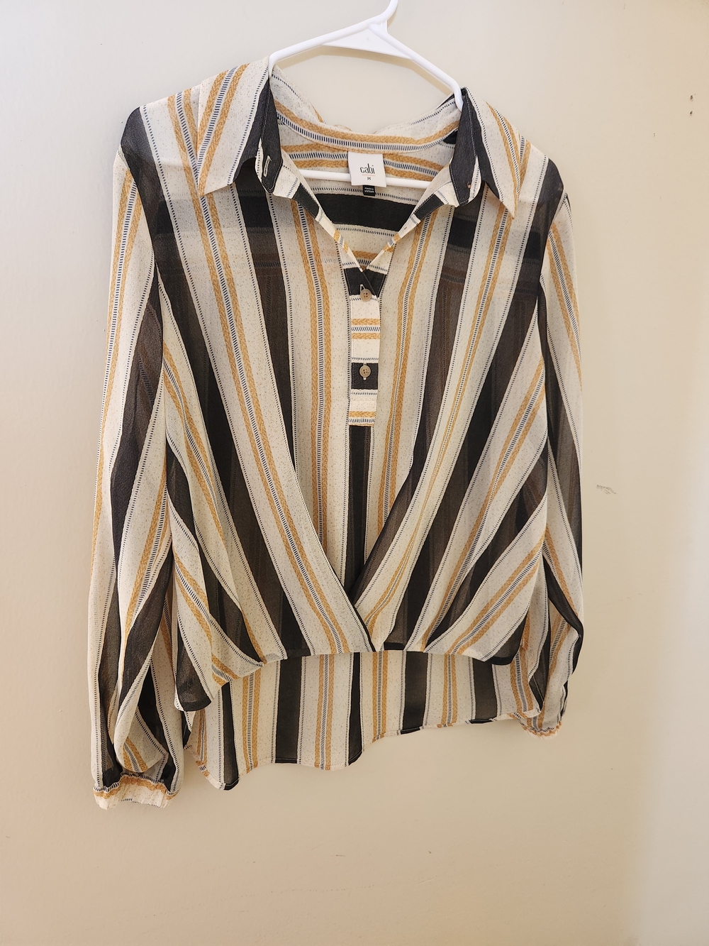 Cabi Striped Button-Front Blouse in Black, Cream & Tan M Medium